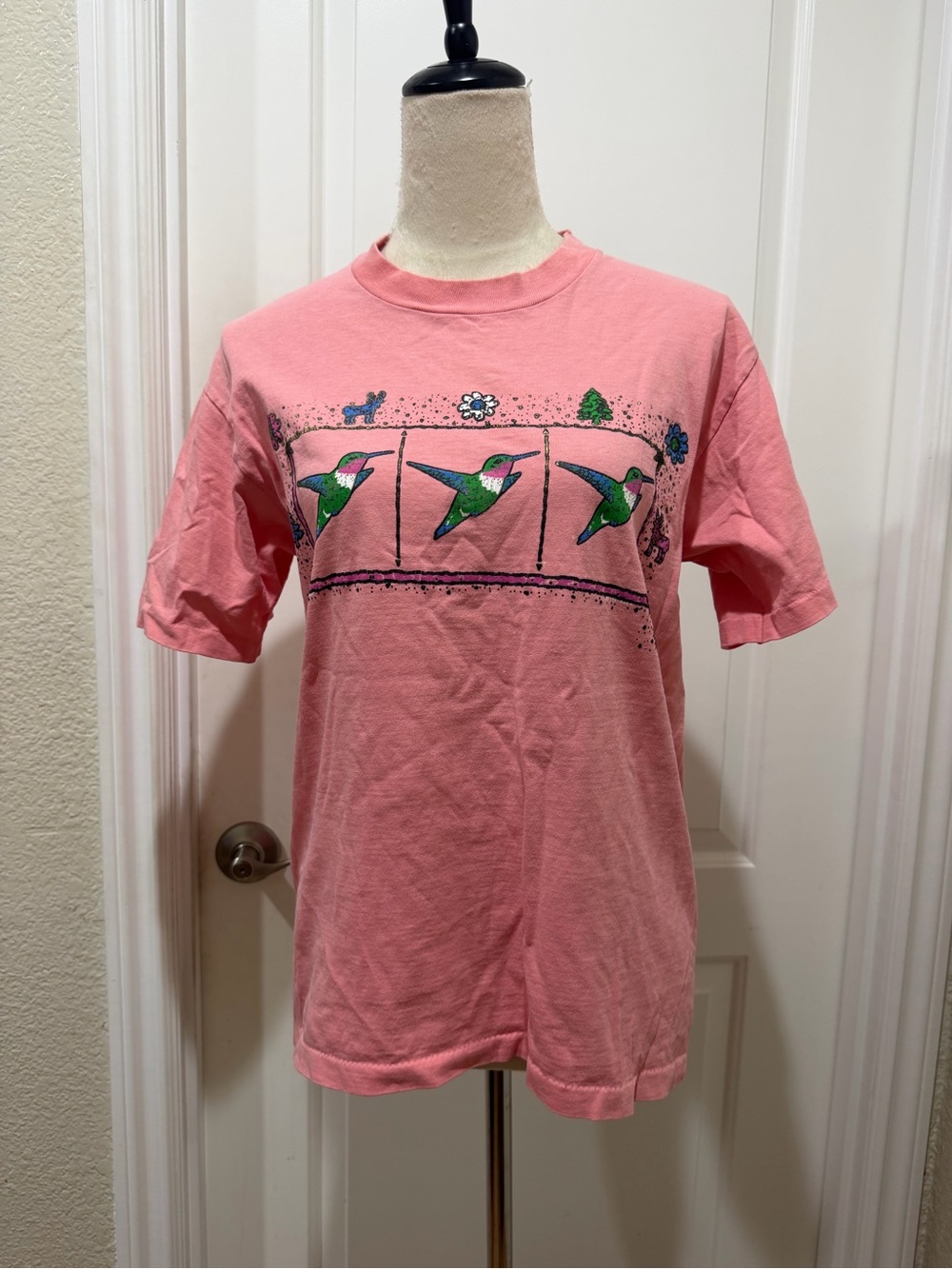 Anvil Pink Short Sleeve Tee with Green & Blue Hummingbird Graphic pre shrunk